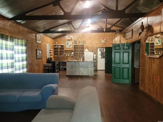 living room featuring wooden walls, dark wood-type flooring, lofted ceiling with beams, and wooden ceiling