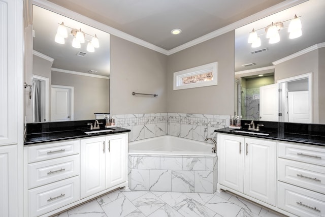 bathroom featuring crown molding, vanity, and plus walk in shower