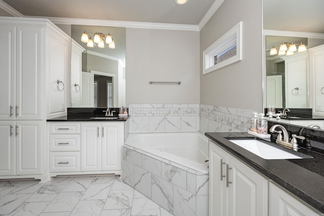 bathroom featuring vanity, tiled bath, and crown molding