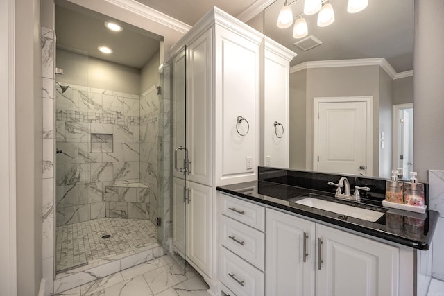 bathroom with walk in shower, ornamental molding, and vanity