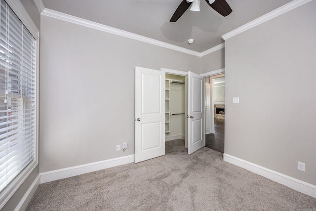 unfurnished bedroom with multiple windows, carpet, ornamental molding, and ceiling fan