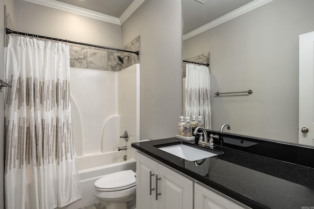 full bathroom with shower / bathtub combination with curtain, crown molding, vanity, and toilet