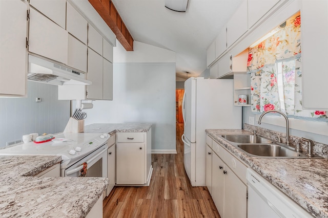 kitchen with light hardwood / wood-style floors, white cabinetry, white appliances, range hood, and sink