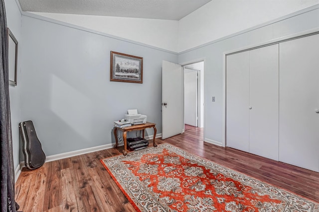 interior space with wood-type flooring, a closet, and vaulted ceiling