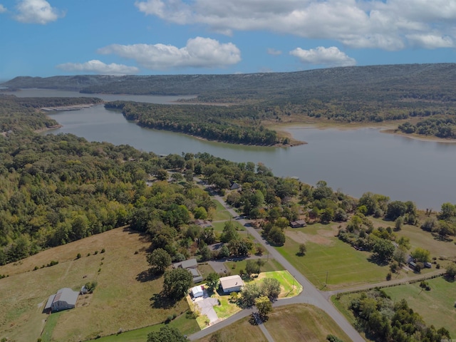 drone / aerial view with a water view