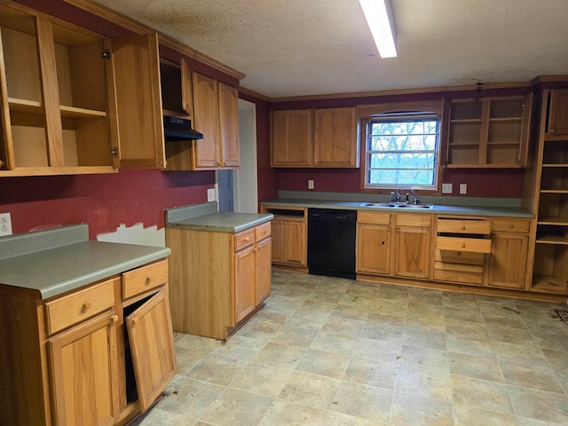 kitchen with dishwasher, sink, a textured ceiling, and range hood