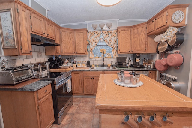 kitchen with stainless steel electric stove, crown molding, and a textured ceiling