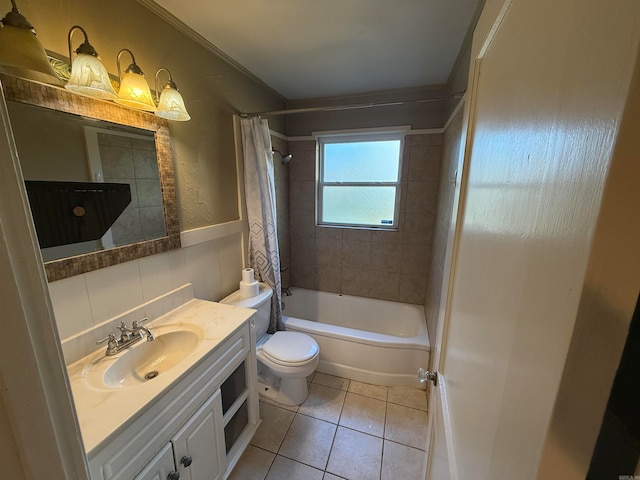 full bathroom featuring shower / tub combo, vanity, tile patterned flooring, ornamental molding, and toilet