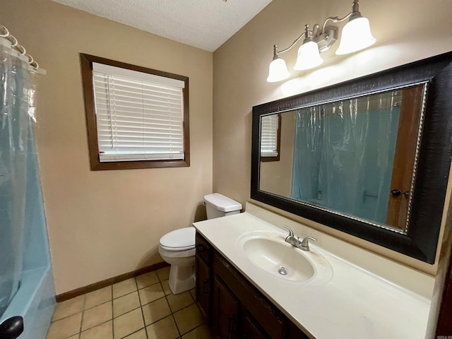 full bathroom with vanity, a textured ceiling, shower / bathtub combination with curtain, tile patterned floors, and toilet