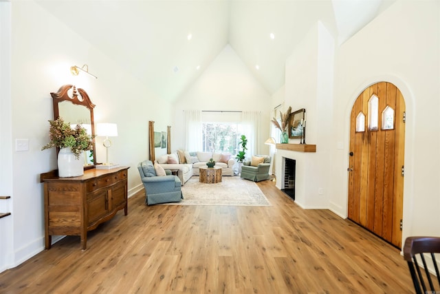 sitting room featuring light hardwood / wood-style flooring and high vaulted ceiling