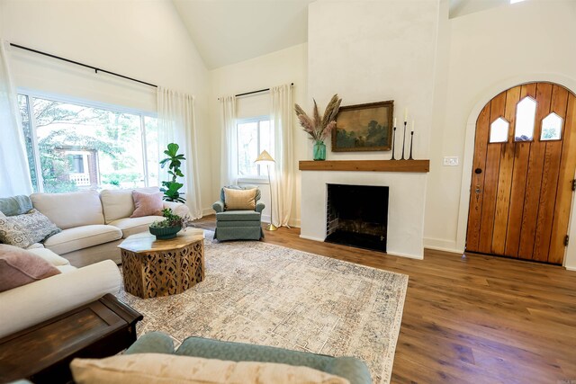 living room featuring wood-type flooring and high vaulted ceiling