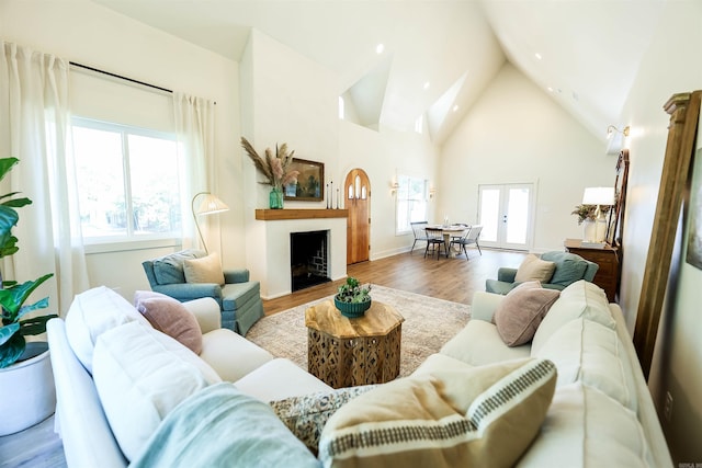 living room with light hardwood / wood-style floors, high vaulted ceiling, and a wealth of natural light