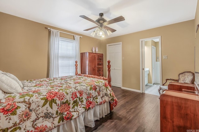 bedroom with ceiling fan, ensuite bathroom, a closet, and dark wood-type flooring