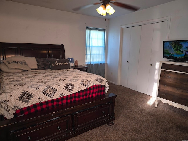 bedroom with carpet floors, ceiling fan, and a closet