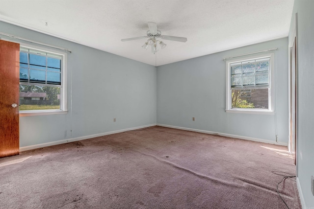 carpeted spare room with a textured ceiling, ceiling fan, and a wealth of natural light