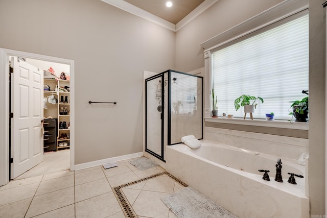 bathroom with independent shower and bath, tile patterned flooring, and ornamental molding