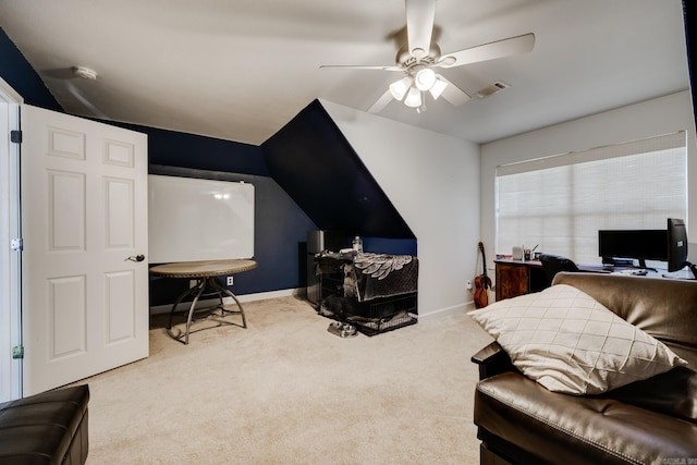 bedroom featuring ceiling fan, carpet floors, and vaulted ceiling