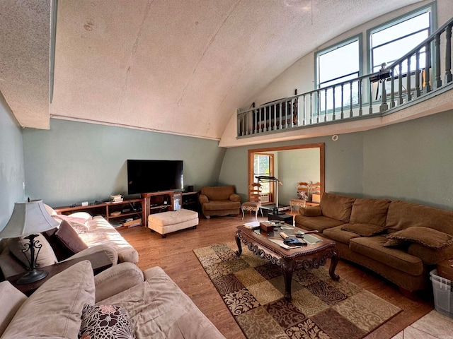 living room featuring a textured ceiling, lofted ceiling, and light wood-type flooring