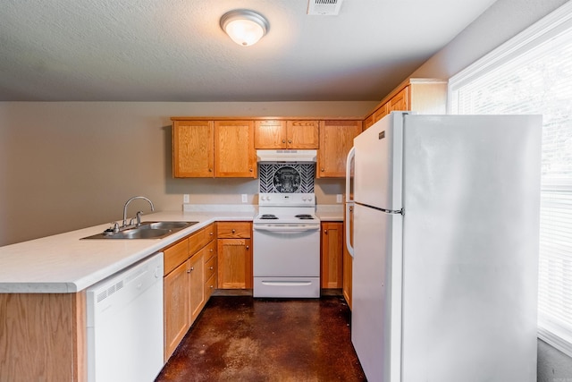 kitchen featuring a textured ceiling, white appliances, kitchen peninsula, and sink