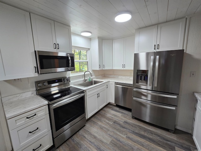 kitchen featuring sink, white cabinetry, appliances with stainless steel finishes, dark hardwood / wood-style floors, and wooden ceiling