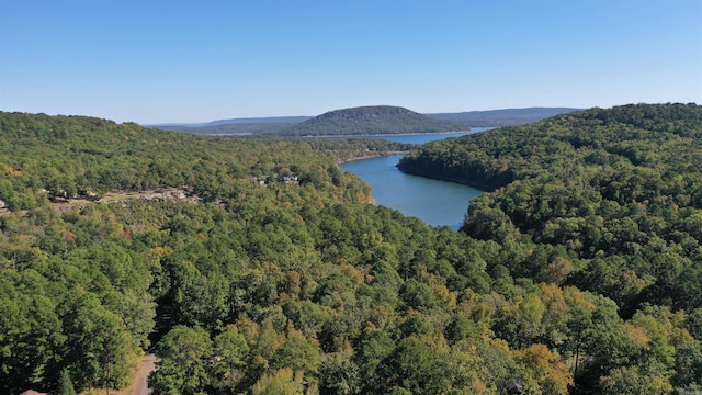 drone / aerial view featuring a water and mountain view