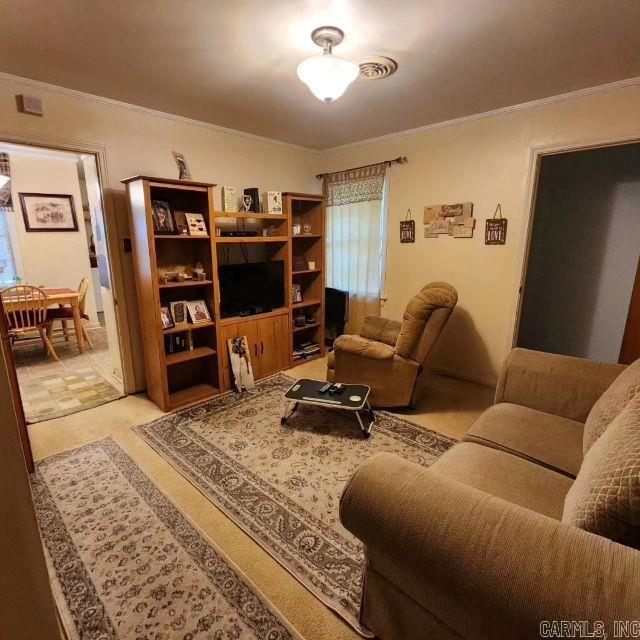 living room featuring crown molding