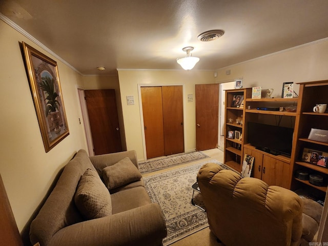 living room with crown molding and light carpet