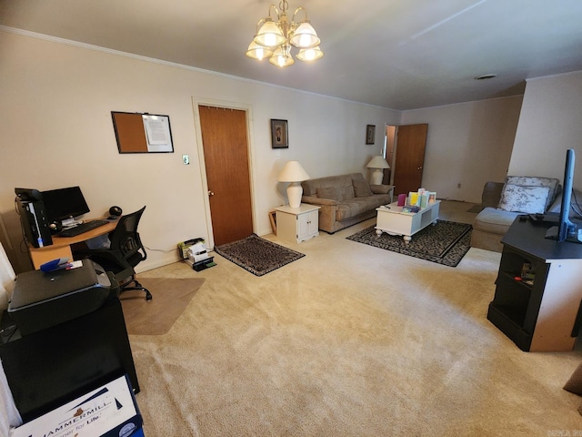 carpeted living room with crown molding and a chandelier