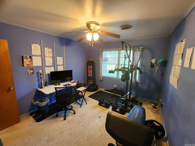 home office with carpet floors and ceiling fan