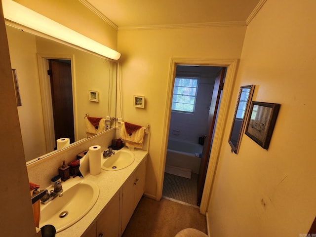 bathroom featuring ornamental molding, vanity, and shower / bathtub combination