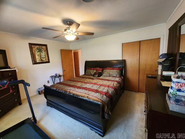 carpeted bedroom featuring ceiling fan and a closet