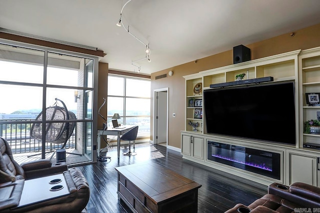 living room with dark hardwood / wood-style floors and track lighting