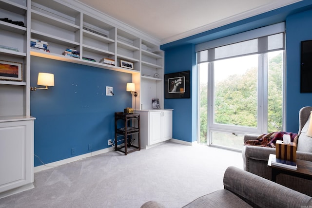 interior space with light carpet and crown molding