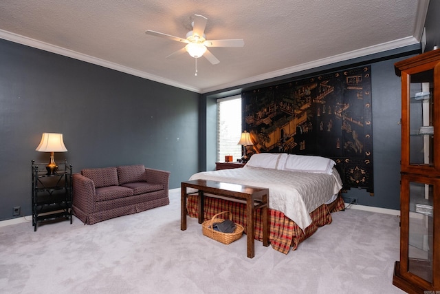 bedroom featuring light carpet, crown molding, a textured ceiling, and ceiling fan