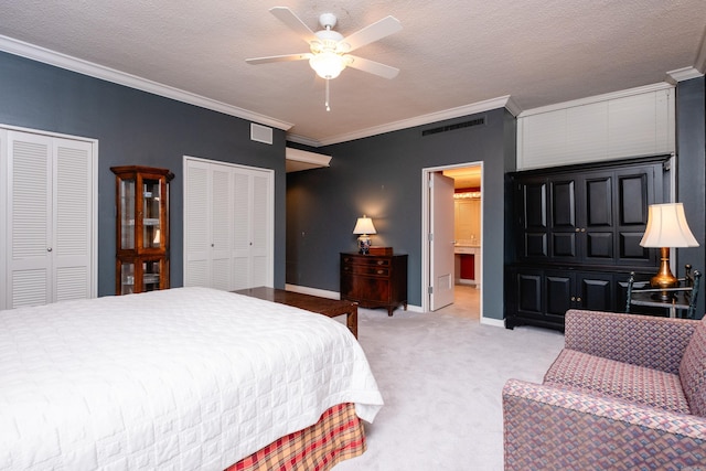 carpeted bedroom featuring multiple closets and a textured ceiling