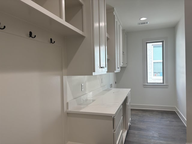 kitchen featuring dark wood-type flooring and light stone countertops