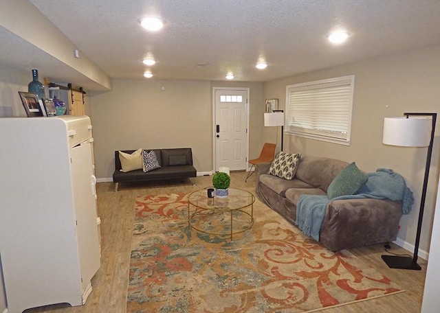 living room with a textured ceiling and light wood-type flooring