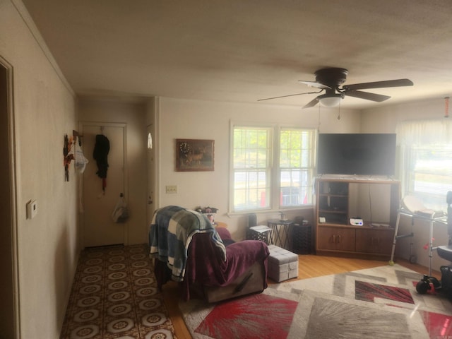 living room with ceiling fan and light hardwood / wood-style floors