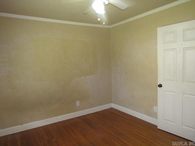 unfurnished room featuring crown molding, ceiling fan, and dark wood-type flooring