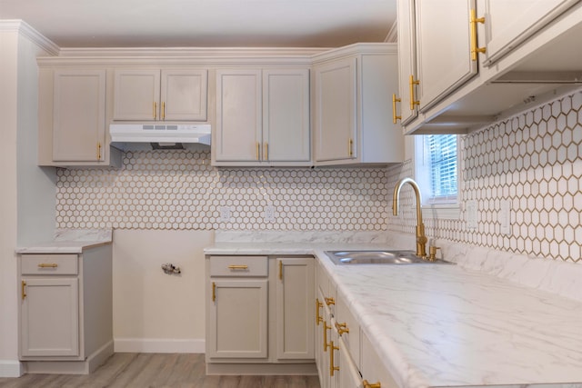 kitchen with tasteful backsplash, light hardwood / wood-style floors, and sink