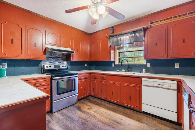 kitchen with dark wood-type flooring, sink, white dishwasher, decorative backsplash, and stainless steel electric range