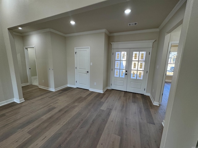 312 Forest Glen Cv, Jacksonville, AR 72076 - entryway featuring visible vents, baseboards, dark wood finished floors, crown molding, and french doors