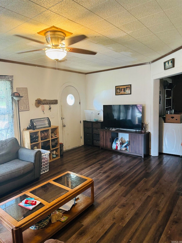 living room featuring ceiling fan, crown molding, and dark wood-type flooring