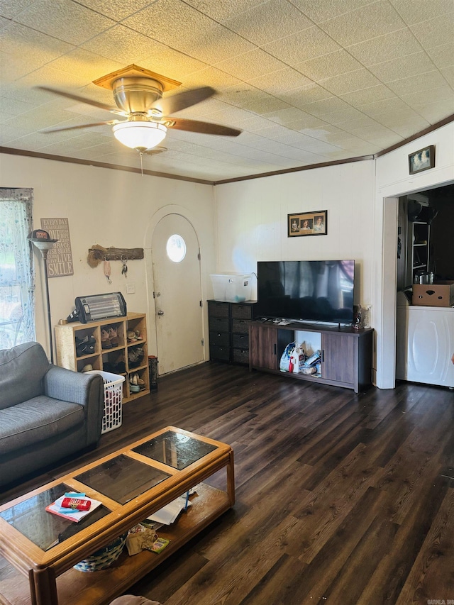 805 Clifton St, Camden, AR 71701 - living area with washer / clothes dryer, crown molding, wood finished floors, and a ceiling fan