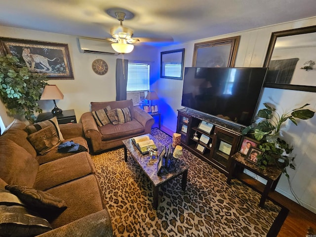 living room with ceiling fan, wood-type flooring, and a wall mounted air conditioner