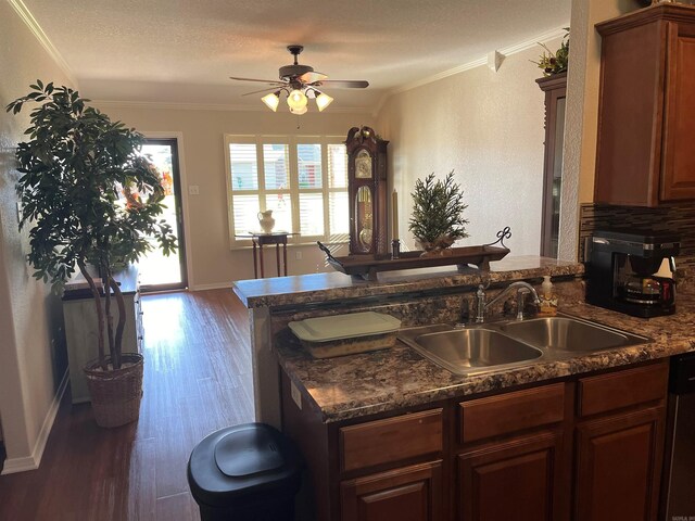 kitchen featuring ornamental molding, sink, a textured ceiling, backsplash, and dark wood-type flooring