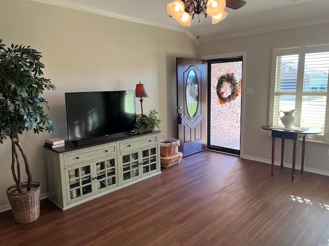 foyer entrance featuring ornamental molding, dark hardwood / wood-style flooring, a wealth of natural light, and ceiling fan