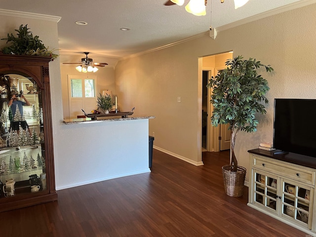 interior space with crown molding, ceiling fan, dark wood-type flooring, and a textured ceiling