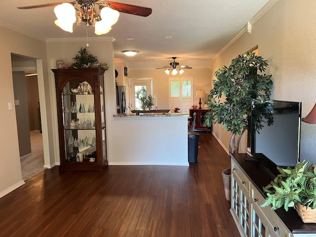 kitchen featuring crown molding, stainless steel refrigerator, and dark hardwood / wood-style floors