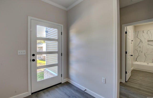 doorway with crown molding and light wood-type flooring